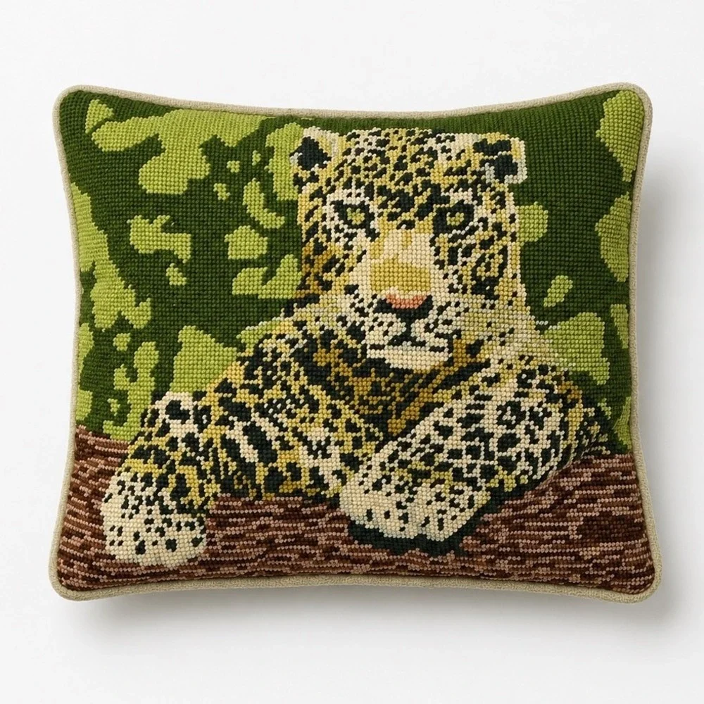Vintage Leopard Needlepoint Pillow Jungle Glam Handcrafted Throw Pillow Cushion